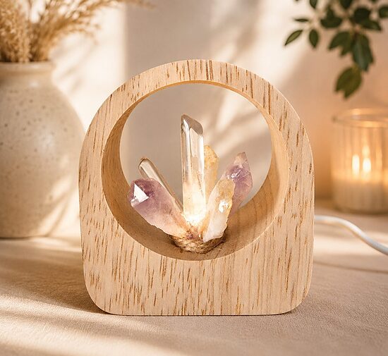 Mini LED lampa ar citrīna kvarcu, ametistu un kalnu kristālu